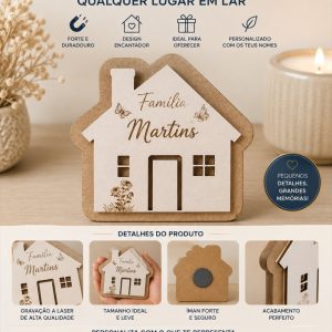 Íman personalizado em MDF em forma de casa, gravado a laser com o nome da família e detalhes decorativos