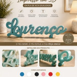 Nome personalizado impresso em 3D em PLA na cor azul, peça decorativa em letra cursiva